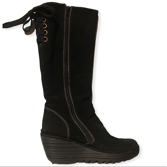 FLY London Yust Tall Oil Suede Leather Wedge Boots - Picture 1 of 10